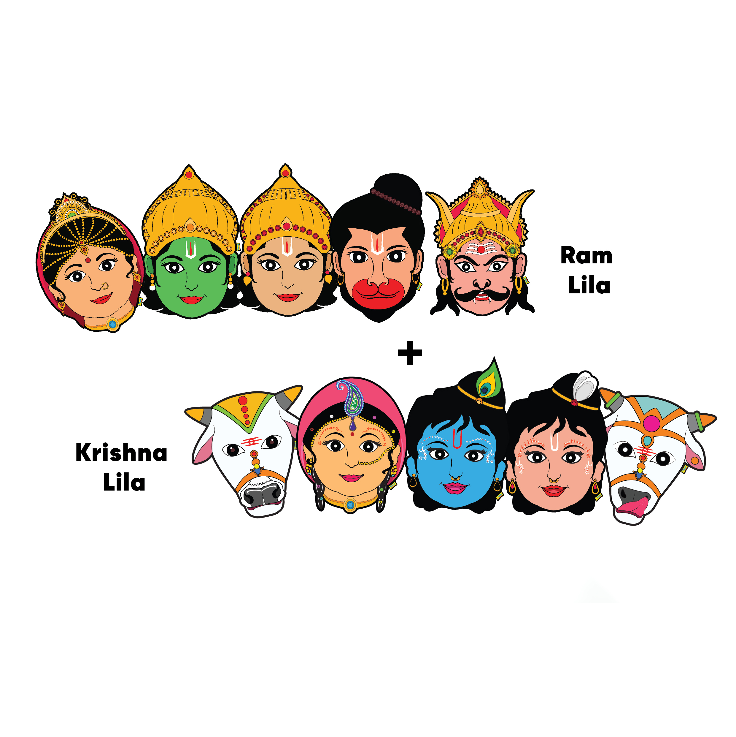 Characters Full Paper Face Masks (2 Combos): Krishna Lila Set (Radha, Krishna, Balarama, Gaumata-Pair) + Ram Lila Set (Sita, Ram, Lakshman, Hanuman, Ravan)