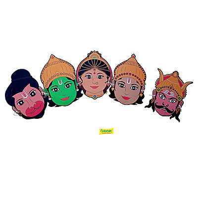 Characters Full Paper Face Masks - 5 Characters: Sita, Ram, Lakshman, Hanuman, Ravan